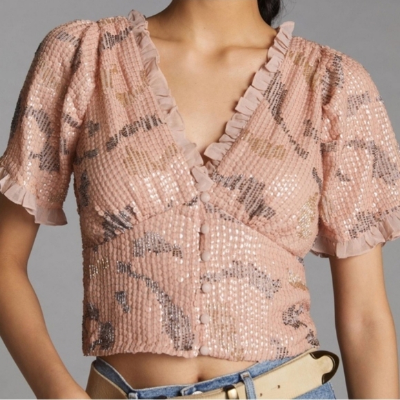 NWOT Anthropologie Forever That Girl Sequined V-Neck Blouse Neutral Pink - Picture 1 of 10